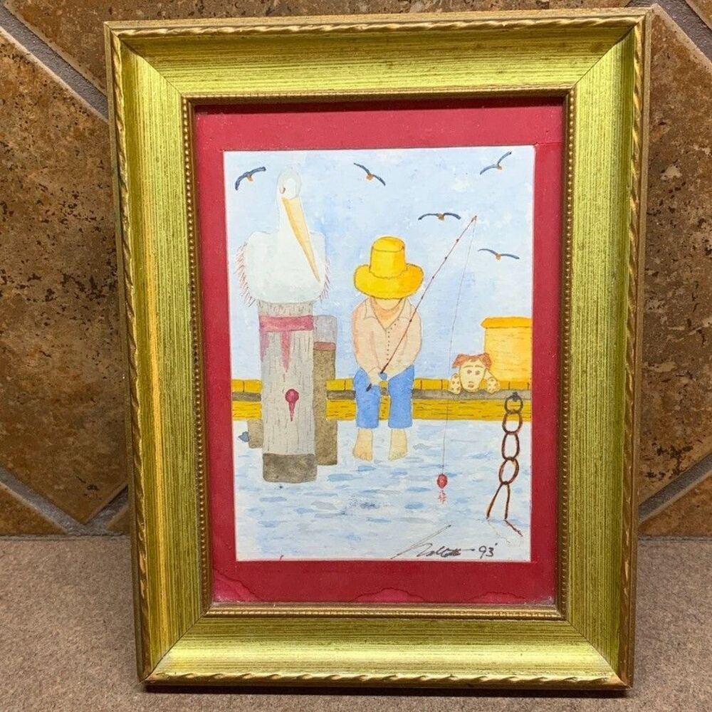 Vintage Framed Watercolor Fishing Picture 5 x 7 Folk Art Boy Dog Seagull on Pier